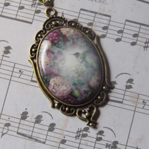 Porcelain Painted Hummingbird Victorian Necklace - Picture 3 of 5